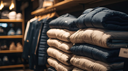 A close-up view of neatly folded, stacked winter jackets in a retail store, creating a warm and inviting atmosphere.の素材