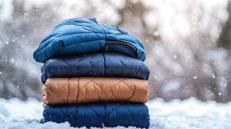 A collection of warm winter jackets neatly folded in a stack, with a soft, snowy backdrop behind them.の素材