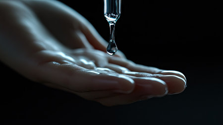 A close-up shot of clear serum dripping from a dropper onto a smooth hand, evoking skincare and rejuvenation.の素材