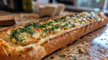 A close-up of a crusty baguette topped with garlic butter, rosemary, and dill, placed on a kitchen countertopの素材