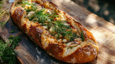 A close-up of a freshly baked baguette topped with garlic, dill, and rosemary, served on a wooden cutting boardの素材