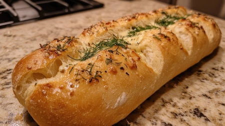 A close-up of a crusty baguette topped with garlic butter, rosemary, and dill, placed on a kitchen countertopの素材