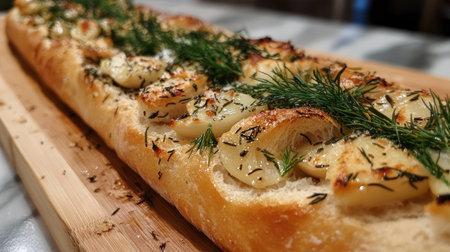 A close-up of a freshly baked baguette topped with garlic, dill, and rosemary, served on a wooden cutting boardの素材