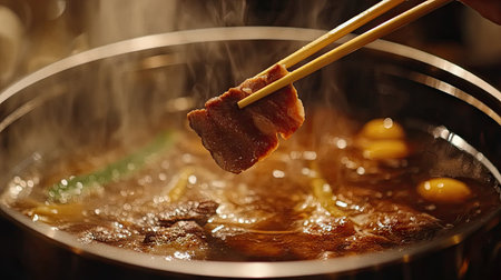 A close-up shot of chopsticks lifting a beef slice and placing it carefully into a shabu hot pot filled with broth.の素材