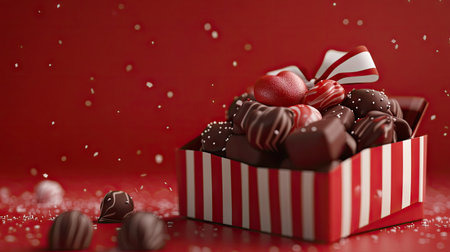 A festive Valentine's Day gift box filled with chocolate candies, placed on a romantic red backgroundの素材