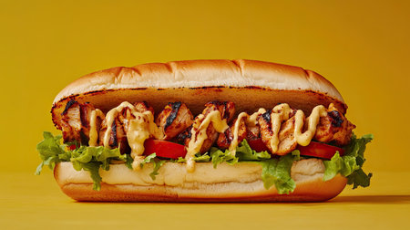 A fresh kebab sandwich with grilled chicken, lettuce, tomatoes, and a rich dressing, isolated on a bright surface.の素材