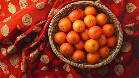 A close-up of a rattan basket overflowing with bright oranges, placed on a red silk cloth with golden patternsの素材