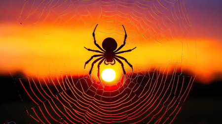 Spider web backlit by sunrise, with a silhouette of a spider in the center against a glowing sky.の素材