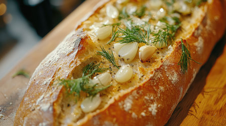 A close-up of a freshly baked baguette topped with garlic, dill, and rosemary, served on a wooden cutting boardの素材