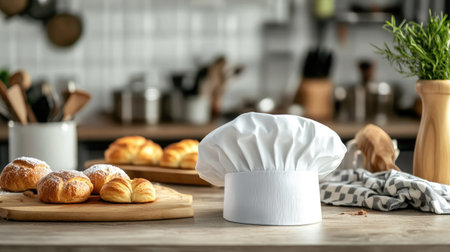 A white chef hat placed on a wooden kitchen counter, with freshly prepared pastries and baking tools in the backgroundの素材