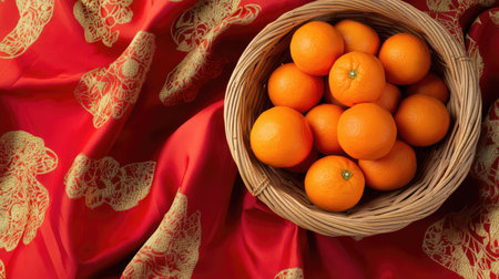 A close-up of a rattan basket overflowing with bright oranges, placed on a red silk cloth with golden patternsの素材