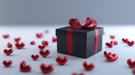 A single, elegant gift box tied with a red ribbon, surrounded by heart decorations on a white table.の素材