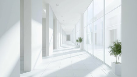 A long, bright corridor in a modern building, with white walls, clean tiled floors, and natural light streaming in from large windowsの素材