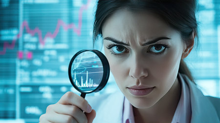 Female stock analyst with a magnifying glass, deep in thought while reviewing market trends and charts.の素材
