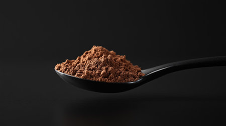 A heaping spoonful of cocoa powder on a glossy black surface, highlighted against a seamless black background.の素材