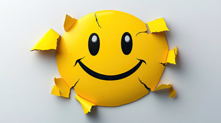 A bright yellow smiley face sticker peeling slightly from a smooth white background.の素材