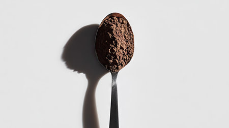 A glossy silver spoon filled with cocoa powder, casting a soft shadow on a crisp white background.の素材