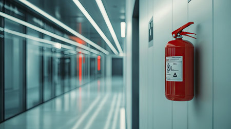 A close-up of a red fire extinguisher mounted on a white wall in a modern office building, with clear safety instructions visibleの素材