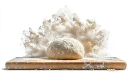 A fresh pizza dough ball resting on a cutting board, surrounded by a light cloud of flour, cleanly isolated on white.の素材
