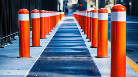 A pedestrian walkway bordered by orange traffic poles and plastic tubes in red and white for safetyの素材