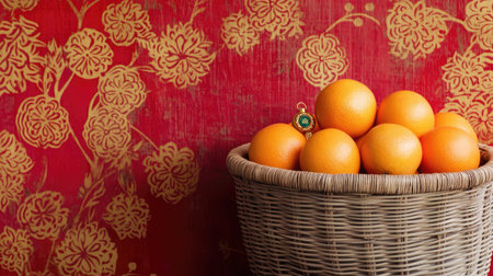 A close-up of a rattan basket with oranges and a lucky charm, set against a bold red and gold festive backdropの素材