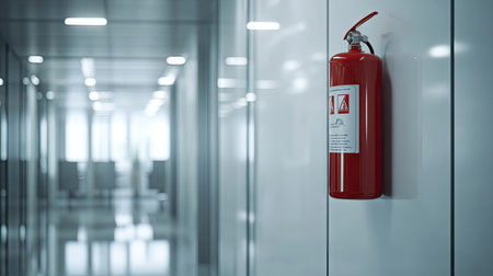 A close-up of a red fire extinguisher mounted on a white wall in a modern office building, with clear safety instructions visibleの素材