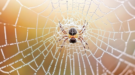 A small spider tending its web, shimmering with dew and surrounded by a glowing morning haze.の素材