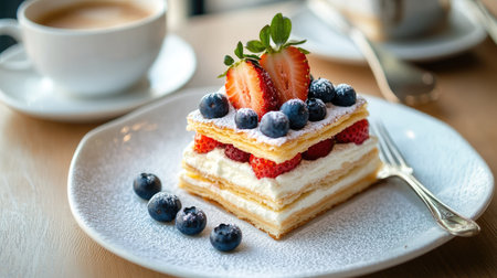 A millefeuille topped with strawberries and blueberries, served with a cup of espresso on a stylish cafe table.の素材
