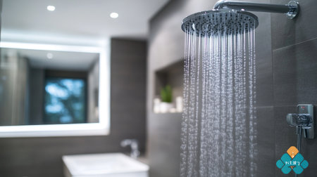 An electric water heater and sleek shower controls in a contemporary bathroom, with a refreshing hot shower being taken.の素材