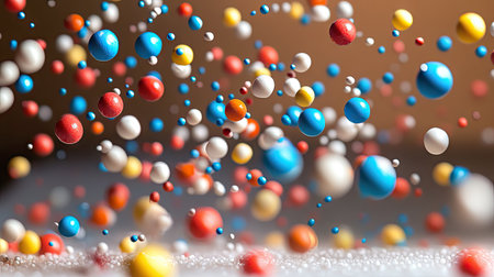 An artistic spread of Styrofoam mini balls captured mid-air, with some in sharp focus and others blurred in motion.の素材