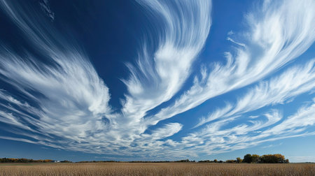 Large white clouds forming dynamic patterns in a vast, clear blue summer sky.の素材