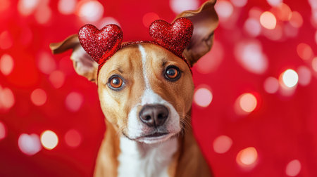 Dog wearing a headband with glittery hearts, posing against a bright Valentine backdrop.の素材