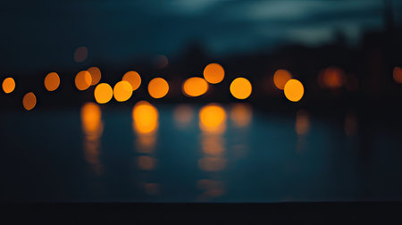 Elegant golden bokeh lights, subtly blurred on a midnight-black background.の素材