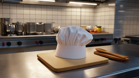 A white chef hat placed on a stainless steel kitchen counter, with a wooden spoon and a chopping boardの素材