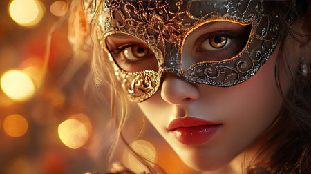 A girl elegantly dressed in a carnival mask with intricate designs, her eyes full of mystery, set against a festive background.の素材