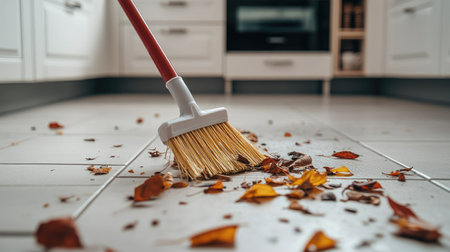 A close-up of a plastic broom brushing leaves and small debris from a tiled floor in a bright, modern kitchenの素材