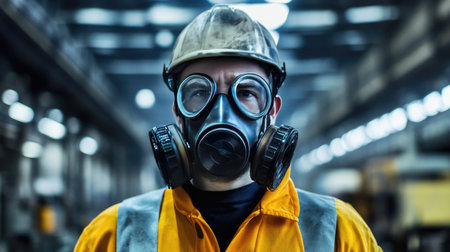 A man wearing a dark gas mask, standing in an industrial setting with a serious expression, the background blurred for emphasis.の素材