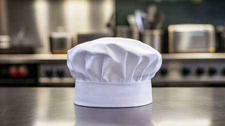 A white chef hat placed on a professional kitchen counter, with stainless steel appliances visible in the backgroundの素材
