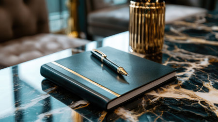 A close-up of a luxurious marble desk with a pen holder and an elegant notebookの素材