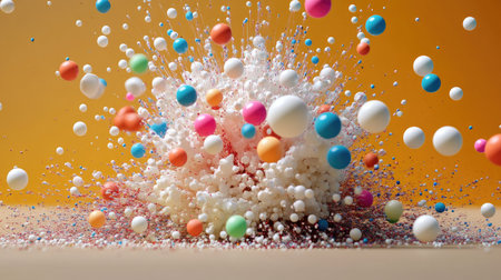A radial explosion of Styrofoam mini balls in assorted bright colors, frozen mid-motion on a neutral background.の素材