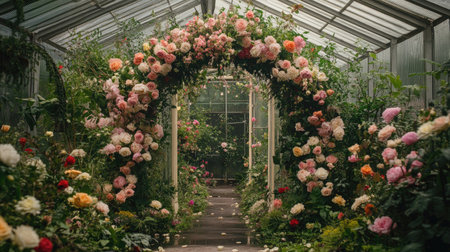 A luxurious floral wedding arch in a greenhouse, with an abundance of roses, peonies, and lush greenery.の素材