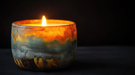 A beautifully lit candle, with the flame casting a soft, warm glow against a deep black background.の素材