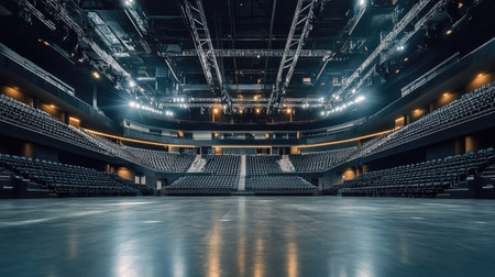 An empty, large stadium with rows of seats in perfect order, creating a symmetrical view from the front to the back of the venueの素材