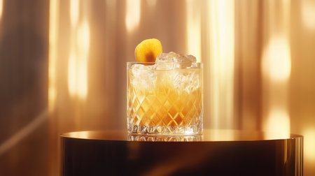 A beautifully garnished cocktail in a highball glass, displayed on a podium with a soft, glowing background.の素材