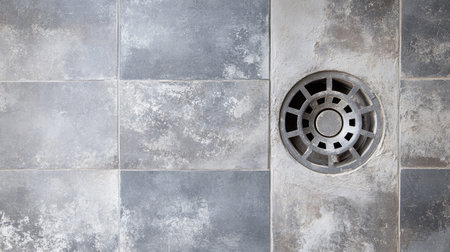 A top-down shot of a newly installed bathroom drain, surrounded by fresh cement and unpolished tiles.の素材
