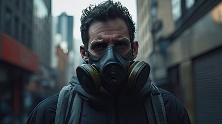 A man in a gas mask, standing still in an urban, post-apocalyptic scene, his eyes focused ahead with a sense of urgency.の素材