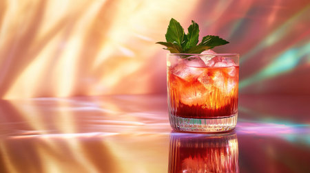 A beautifully garnished cocktail in a highball glass, displayed on a podium with a soft, glowing background.の素材