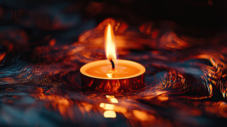 A beautiful candle flame glowing in the dark, with the black background emphasizing the warmth and tranquility of the scene.の素材