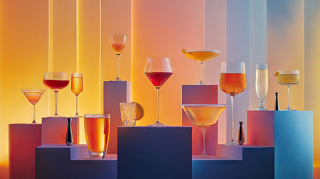 An assortment of cocktail glasses with refreshing alcoholic drinks, placed on podiums, ready for a stylish event.の素材