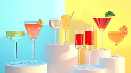 An assortment of cocktail glasses with refreshing alcoholic drinks, placed on podiums, ready for a stylish event.の素材